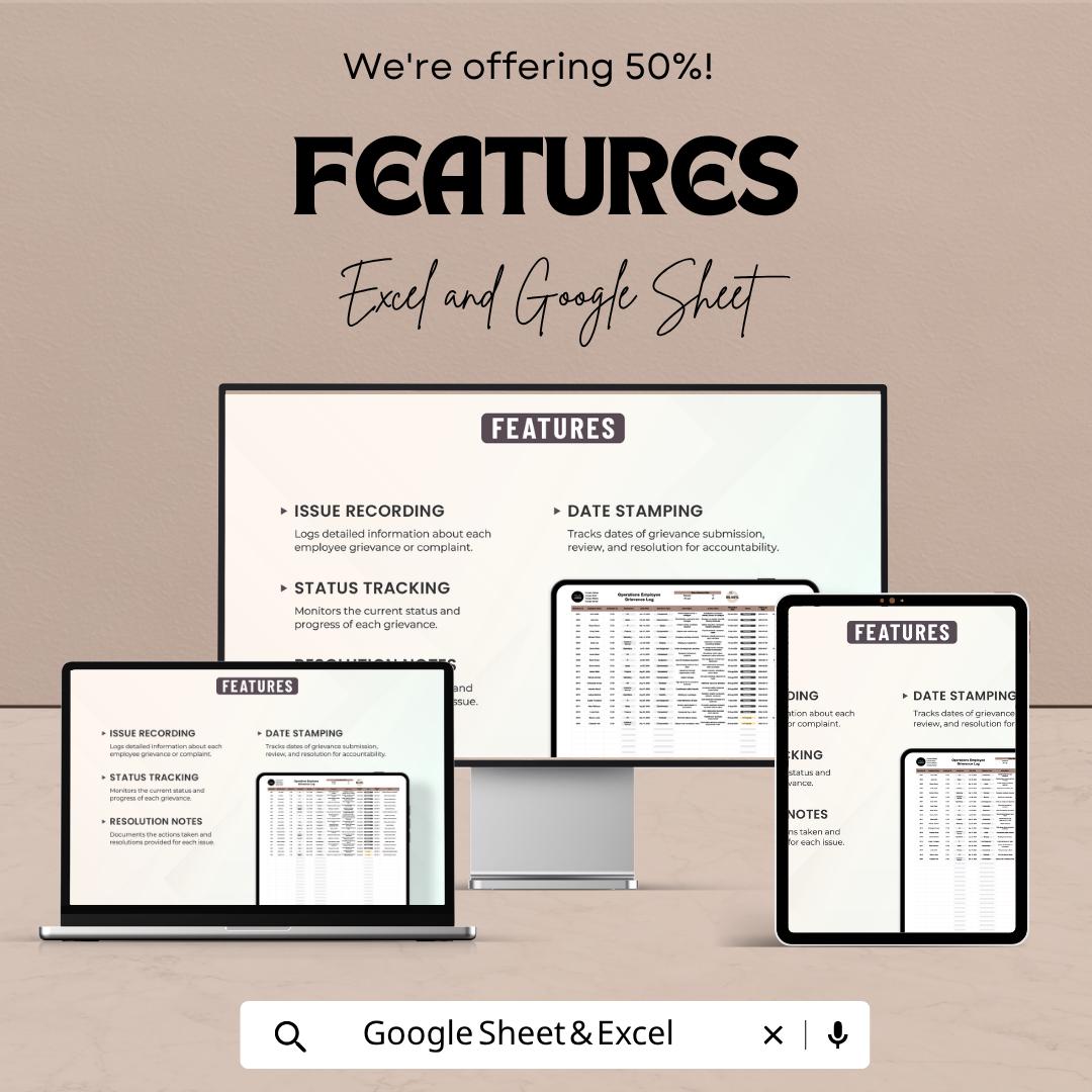 Operations Employee Grievance Log Template | HR Complaint Tracker Spreadsheet | Employee Issue Management Log | Excel & Google Sheets |