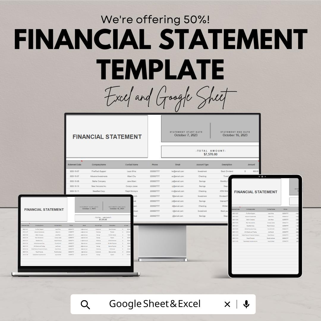 Financial Statement Template | Balance Sheet | Income Statement | Cash Flow Tracker | Finance Spreadsheet | Business Accounting Template