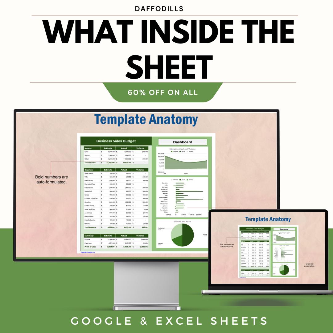 Business Sales Budget Template, Sales Budget Spreadsheet, Revenue and Expense Planner, Sales Performance Tracker, Google Sheets Excel