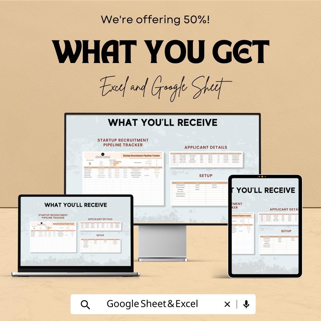 Startup Recruitment Pipeline Tracker | Hiring Process Spreadsheet | Applicant Tracking | Excel & Google Sheets