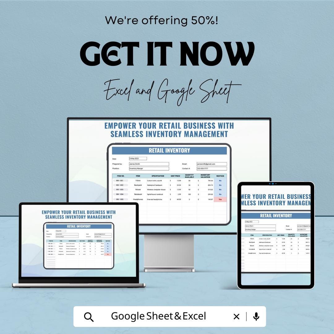 Retail Inventory Template Excel & Google Sheets | Store Inventory Tracker | Stock Management Spreadsheet | Small Business Inventory Log