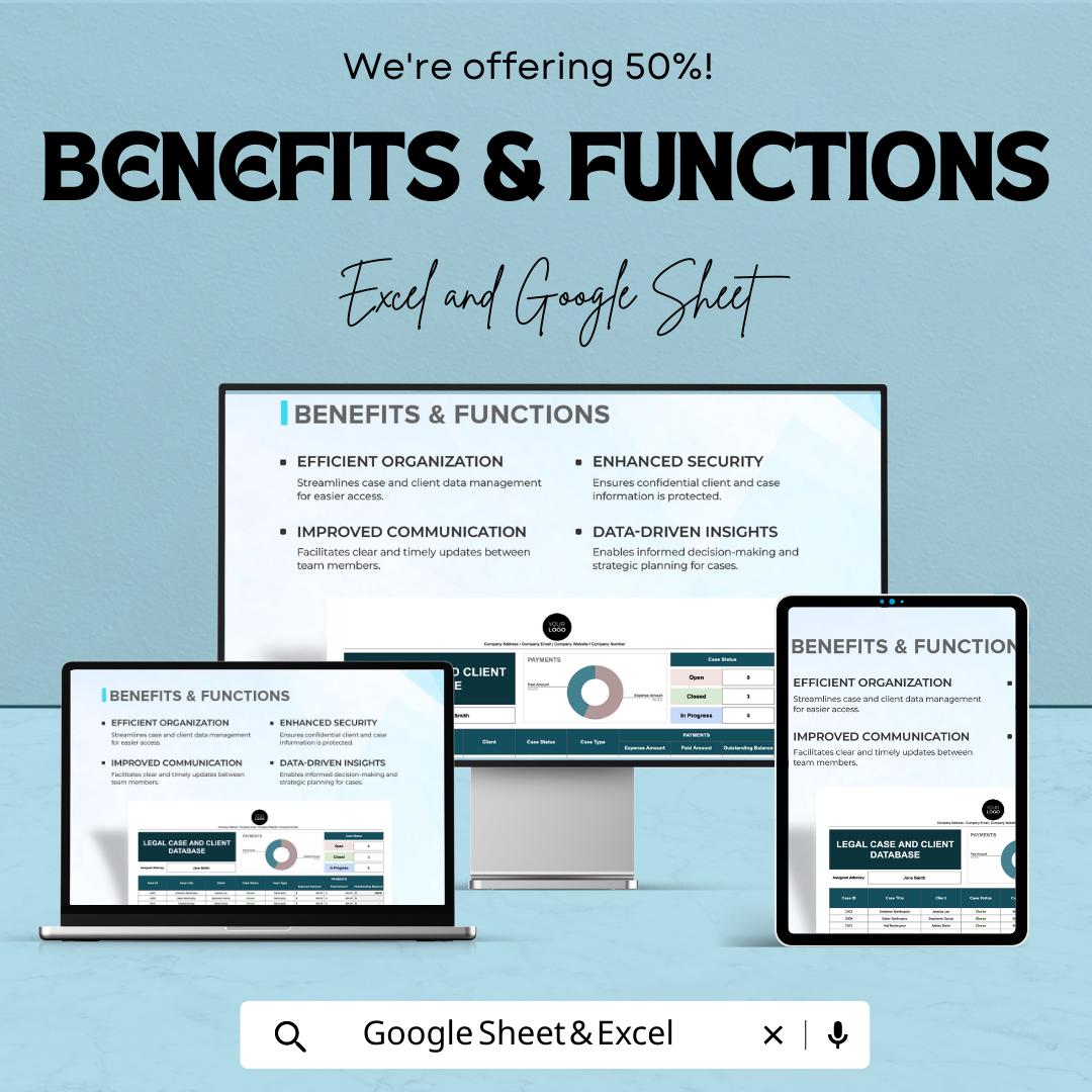 Legal Case and Client Database Template, Law Firm Case Tracker, Attorney Client Management Spreadsheet, Legal Organizer, Excel Google Sheets
