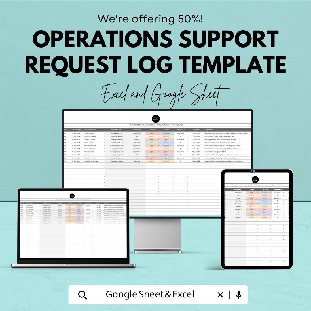 Operations Support Request Log Template | Request Tracking Spreadsheet | IT Help Desk Ticket Log | Workflow Management Template |