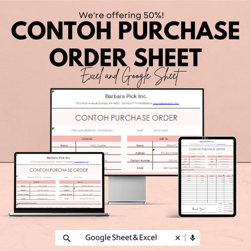 Contoh Purchase Order Sheet | Excel & Google Sheet | Simplify Procurement Process | 50% Off | Instant Download