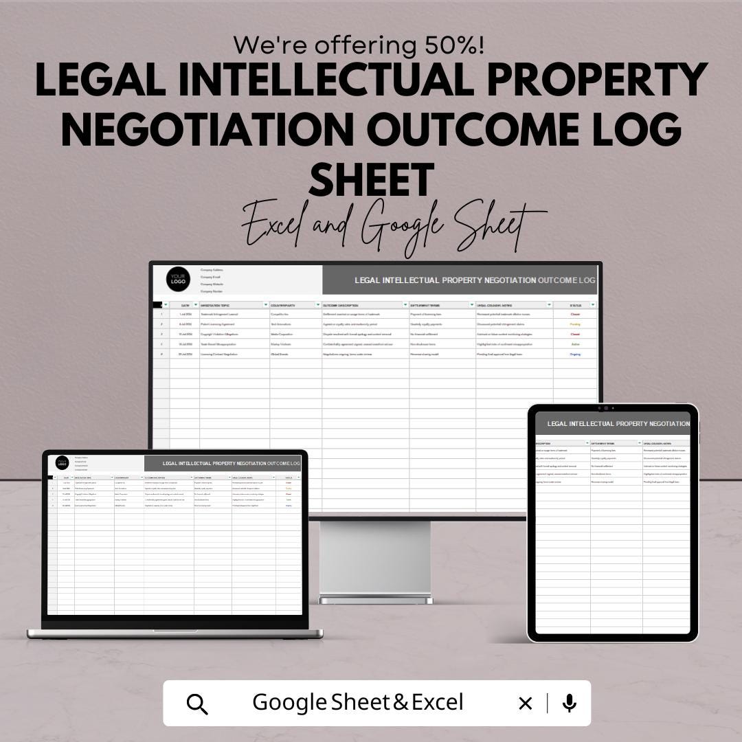 Legal Intellectual Property Negotiation Outcome Log Sheet | Track IP Negotiations and Strategic Insights | Excel & Google Sheet Template