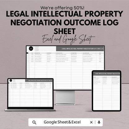 Legal Intellectual Property Negotiation Outcome Log Sheet | Track IP Negotiations and Strategic Insights | Excel & Google Sheet Template