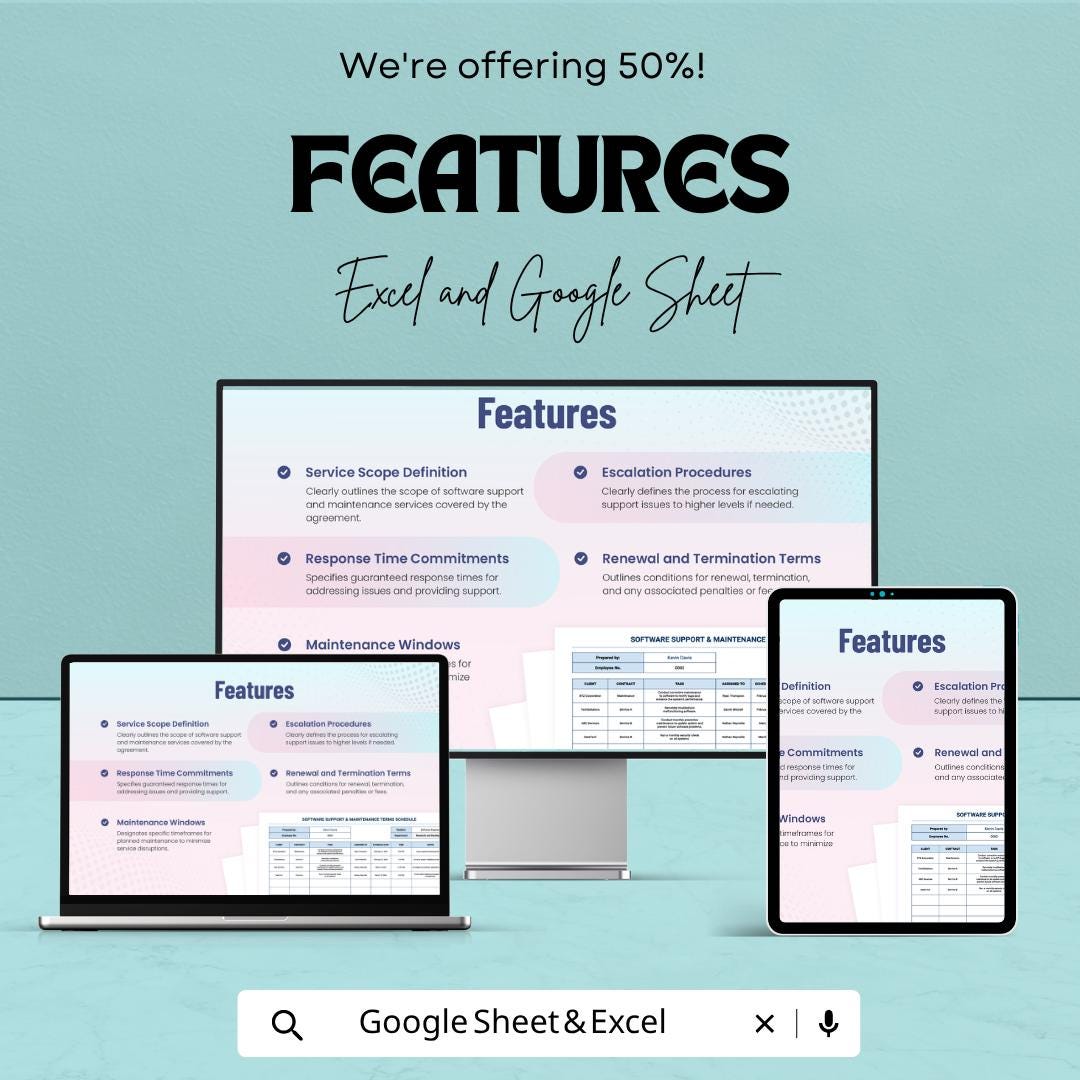 Software Support & Maintenance Template | Support Schedule Spreadsheet | IT Maintenance Tracker | Service Agreement Template |