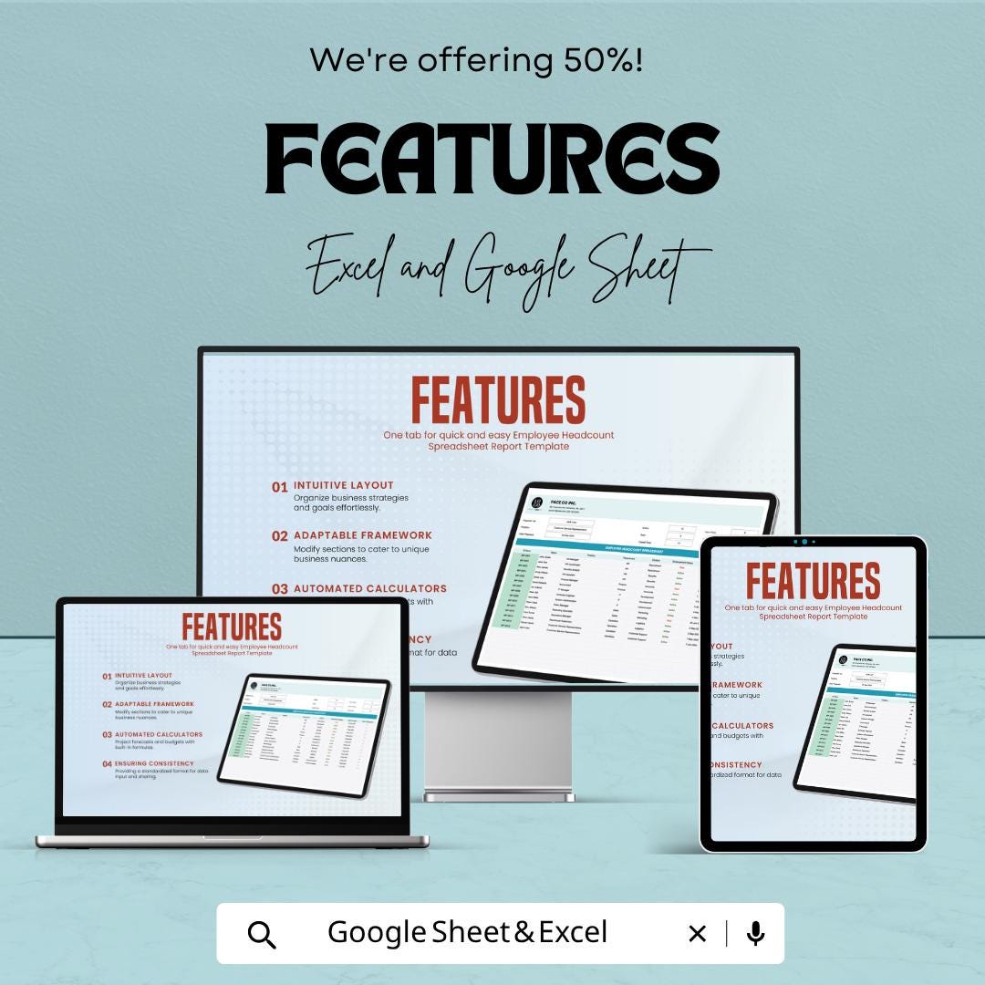 Employee Headcount Spreadsheet Report Template | HR Workforce Tracker | Employee Management Dashboard | Excel & Google Sheets |