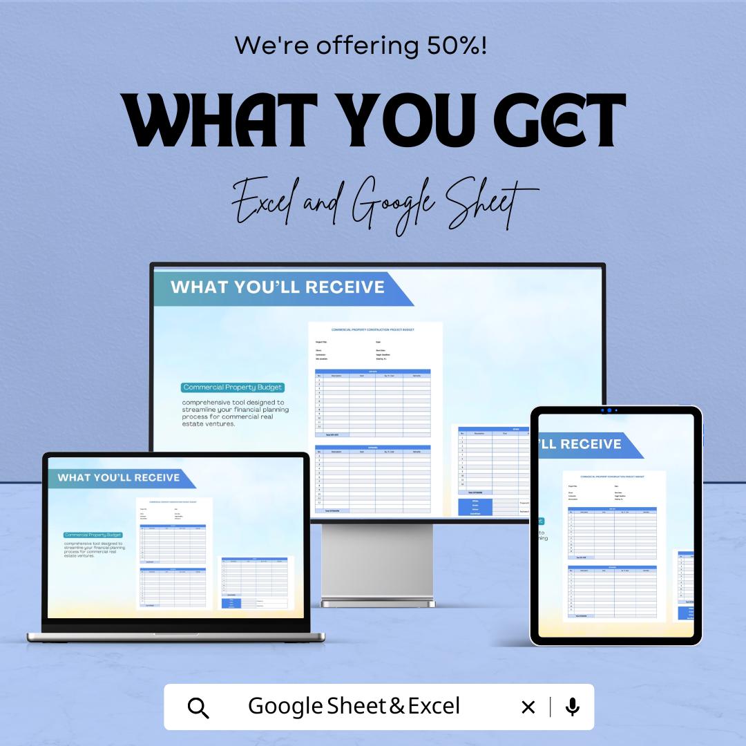 Commercial Property Budget Sheet - Excel & Google Sheet Template | Construction Project Budget Planner | 50% Off | Property Management Tool