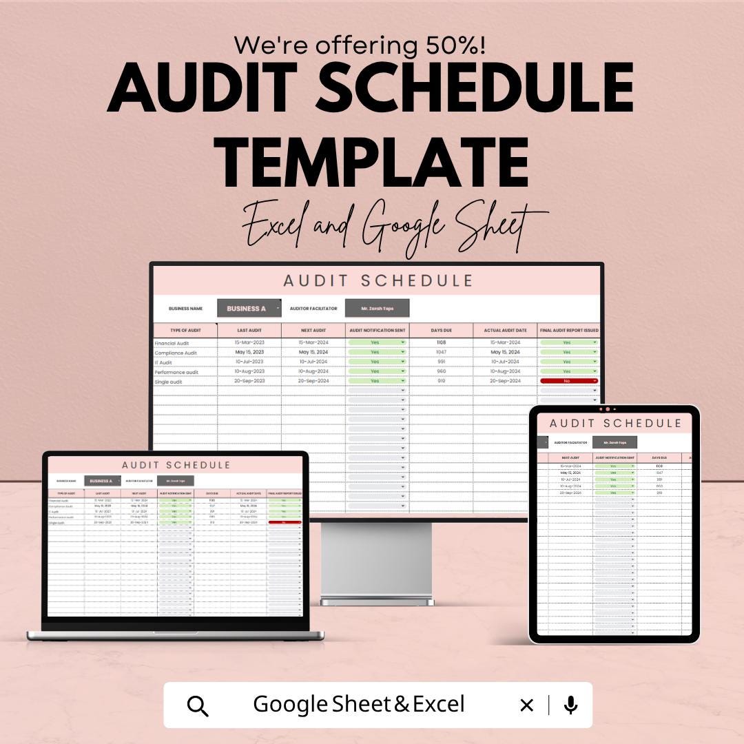 Internal Audit Schedule Template | Audit Tracker Spreadsheet | Compliance Planner | Audit Log Dashboard | Business Audit Tool