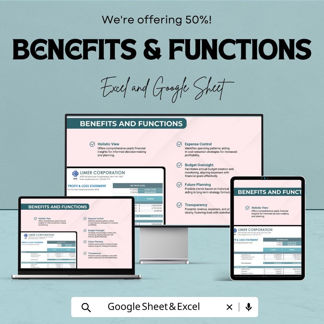 Annual Profit and Loss Template | Financial Statement | Income and Expense Tracker | Business Accounting Spreadsheet | P&L Report Template