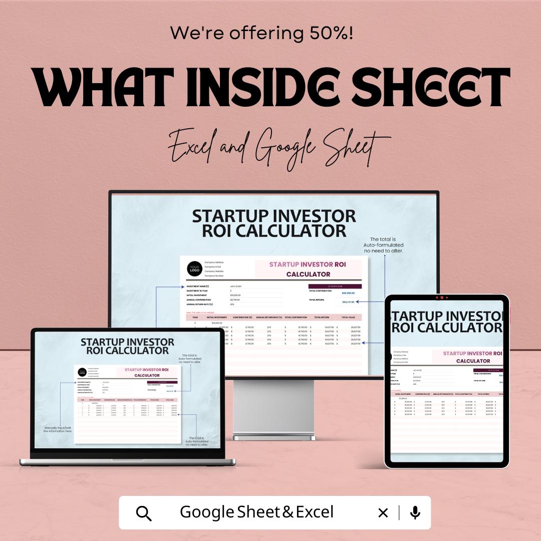 Startup Investor ROI Calculator Template | Excel & Google Sheets Investment Tracker | Business Finance Spreadsheet