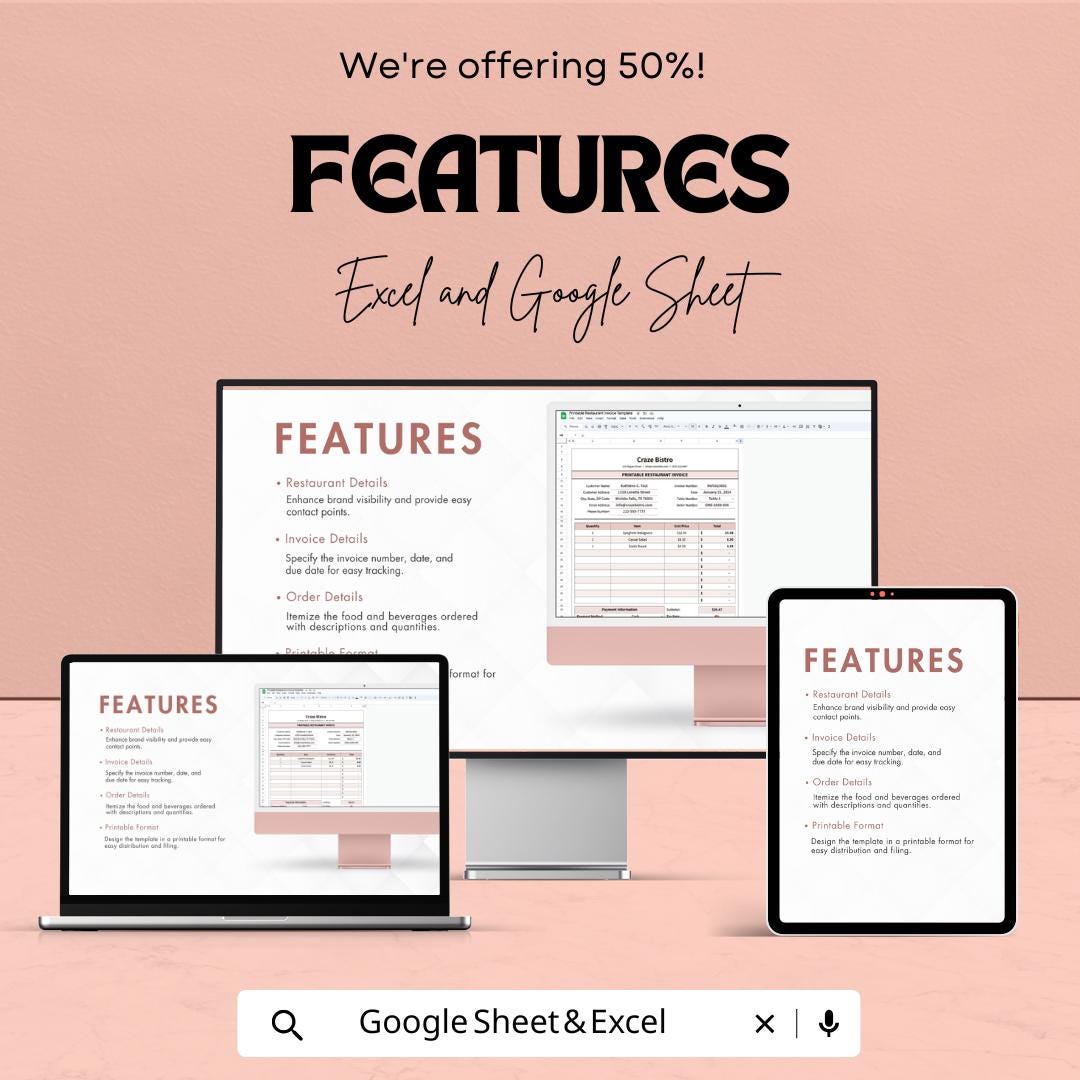 Printable Restaurant Invoice Sheet | Excel & Google Sheets Template | Customizable Restaurant Invoice | 50% Off | Easy-to-Use Template