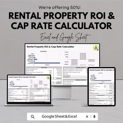 Rental Property ROI & Cap Rate Calculator | Excel and Google Sheets Real Estate Investment Analyzer | Cash Flow and Return Spreadsheet