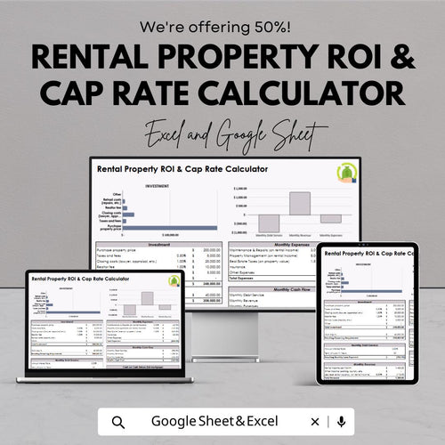 Rental Property ROI & Cap Rate Calculator | Excel and Google Sheets Real Estate Investment Analyzer | Cash Flow and Return Spreadsheet