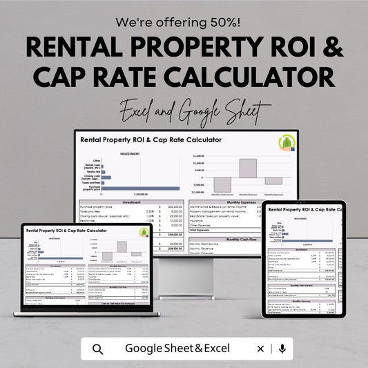 Rental Property ROI & Cap Rate Calculator | Excel and Google Sheets Real Estate Investment Analyzer | Cash Flow and Return Spreadsheet