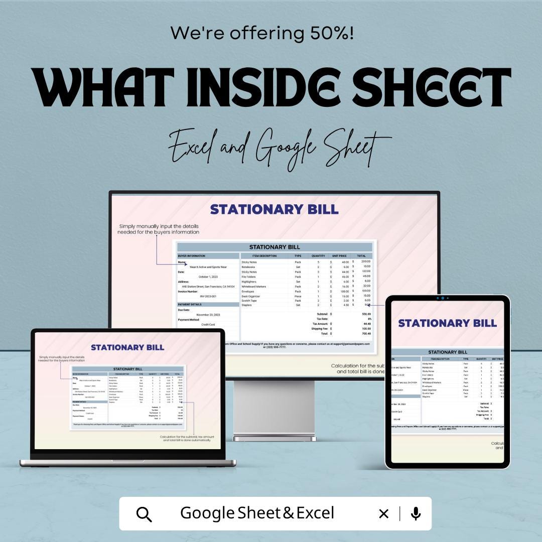 Stationary Bill Template | Office Supply Invoice Spreadsheet | Stationery Billing Tracker | Excel & Google Sheets Template |