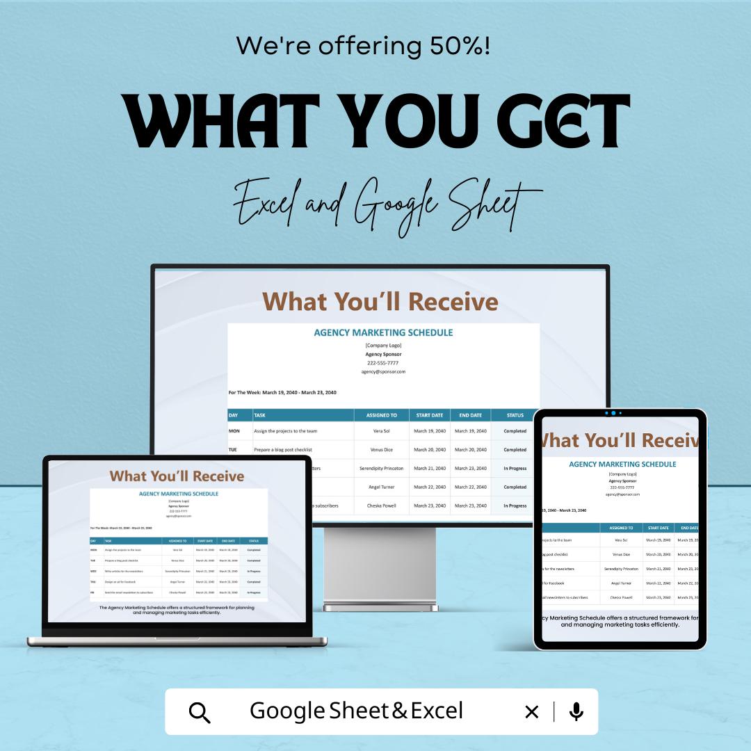 Agency Marketing Schedule Sheet | Google Sheets & Excel Template | Weekly Planner for Agencies, Task Tracker, Project Organizer