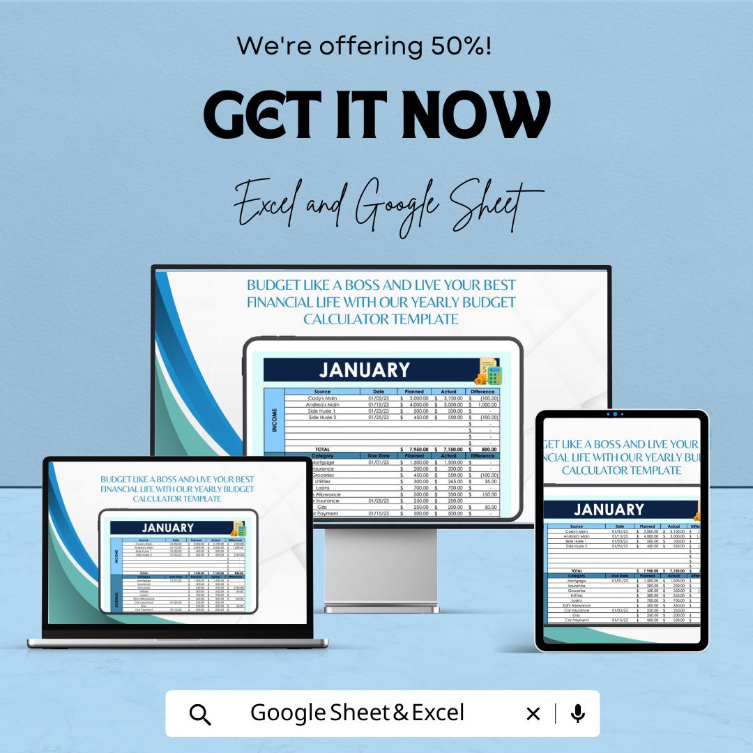 Yearly Budget Calculator Sheet | Excel & Google Sheets | Income, Expenses, Savings Tracking | Financial Planning Template
