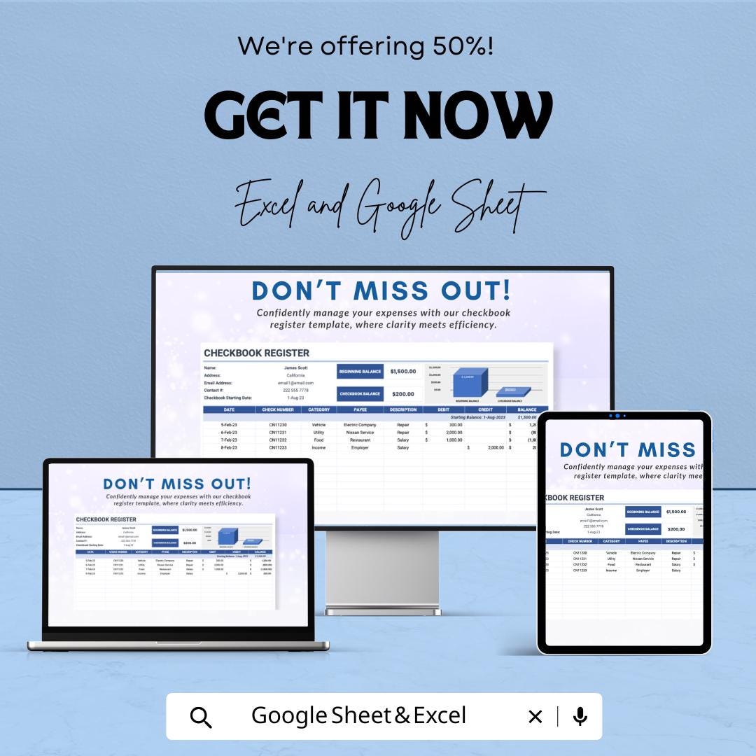 Checkbook Register Sheet | Budget Management | Google Sheet Template | Track Transactions, Expenses & Balances | Personal Finance Organizer