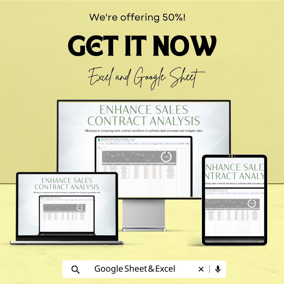 Sales Contract Variation Analysis Tool Excel Google Sheets | Contract Tracker Spreadsheet | Sales Analysis Dashboard | Contract Management