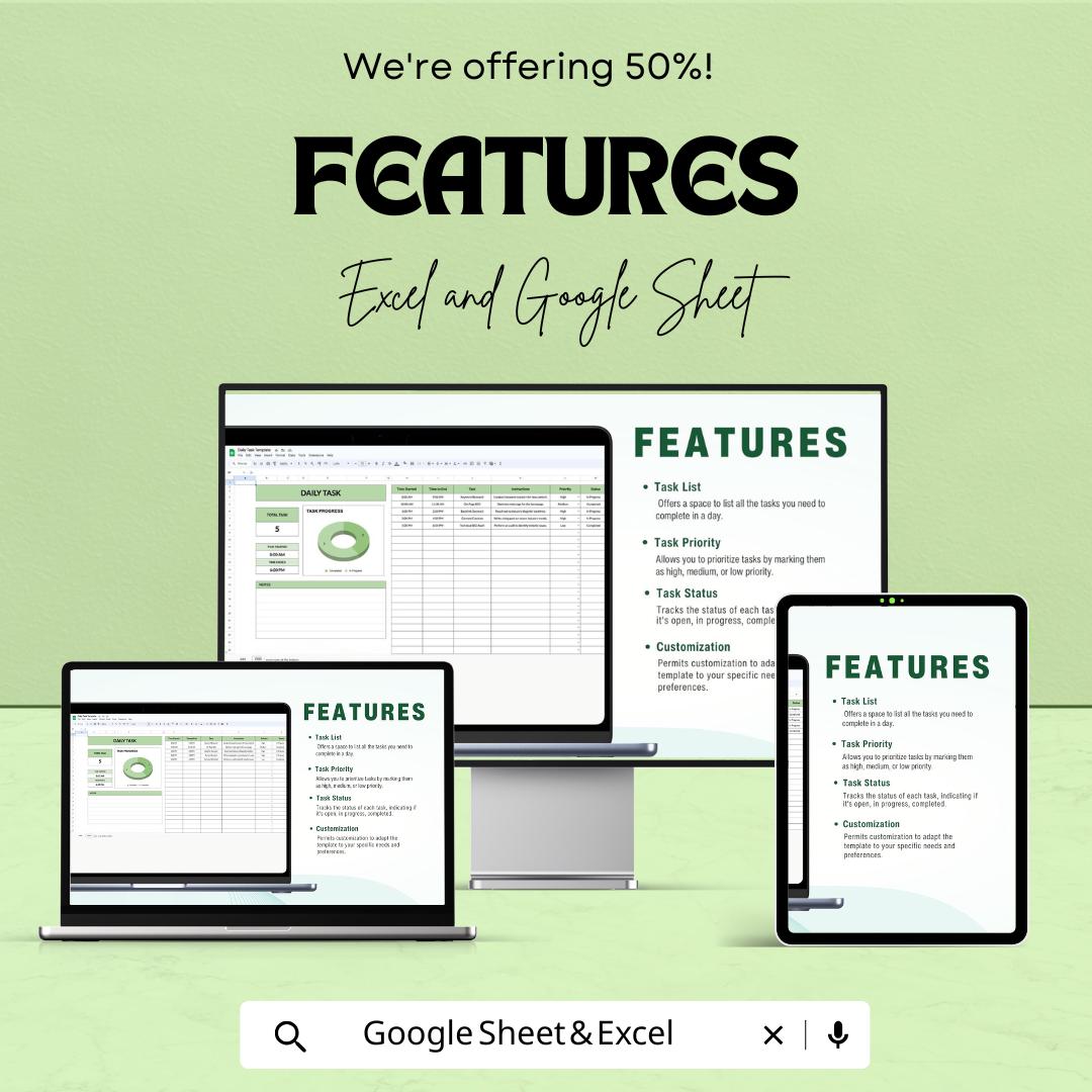 Daily Task Sheet | Excel and Google Sheets | Task Planner Template | Track Daily Tasks & Progress | To-Do List with Priority and Status |