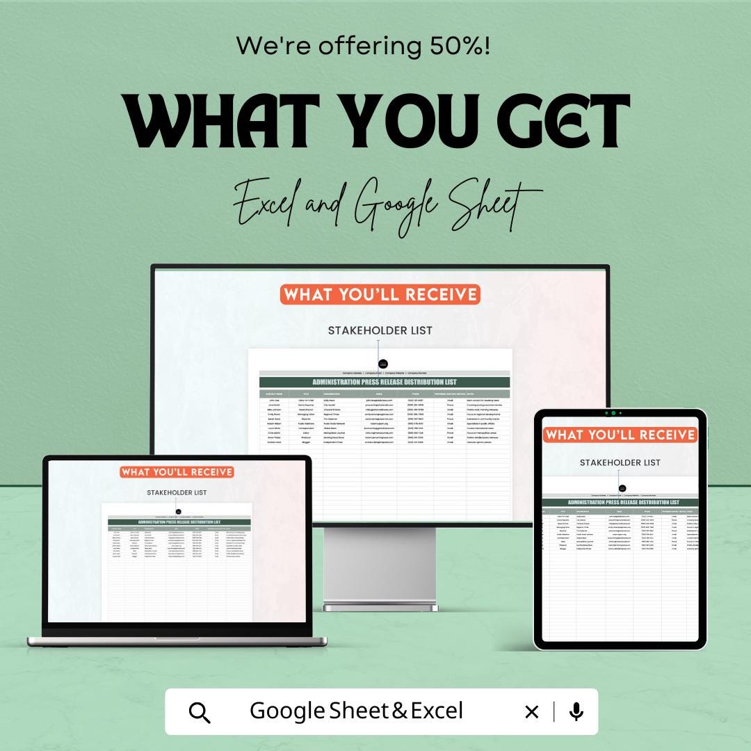 Administration Press Release Distribution List | Excel & Google Sheets Template | Media Contact Tracker | Editable Stakeholder List