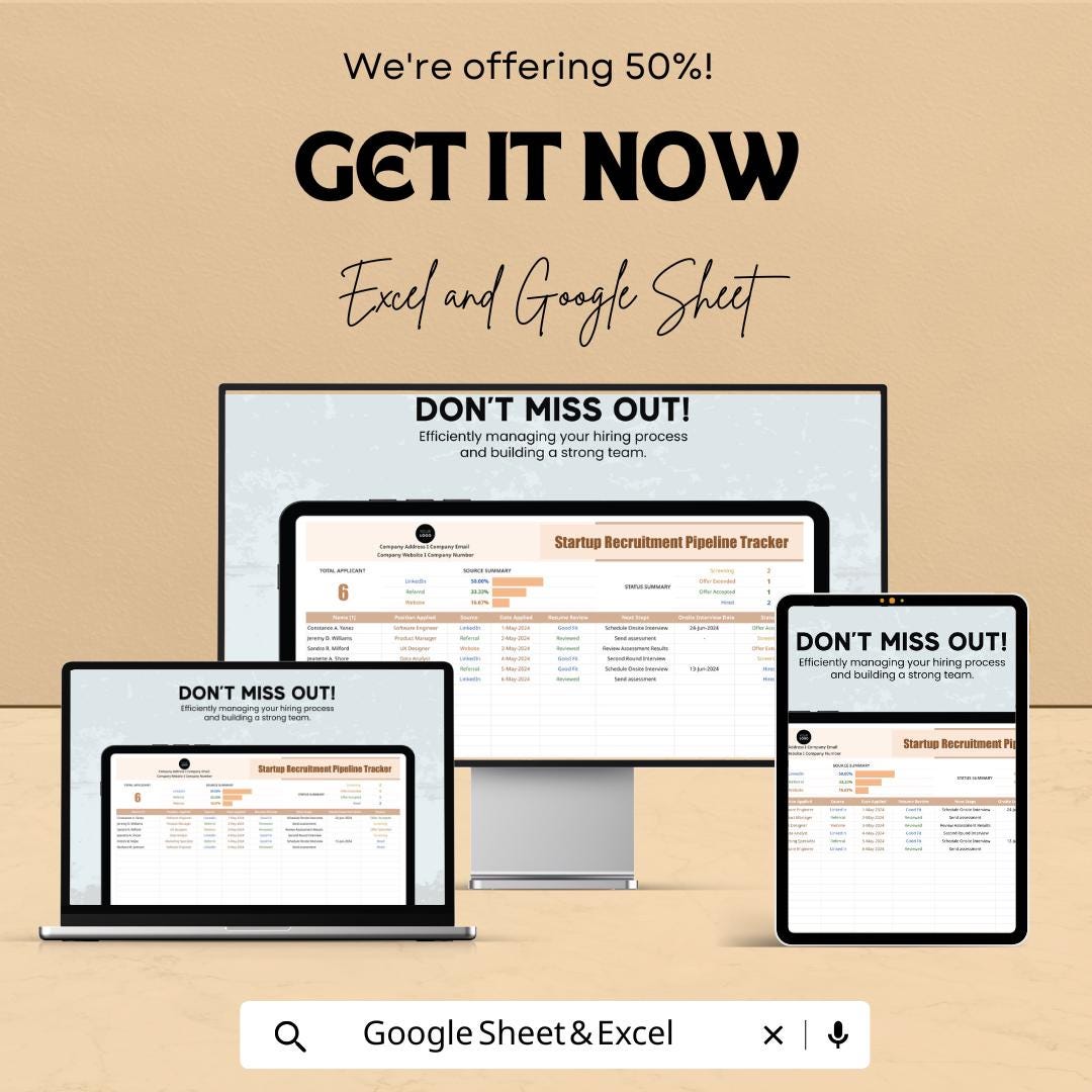 Startup Recruitment Pipeline Tracker | Hiring Process Spreadsheet | Applicant Tracking | Excel & Google Sheets