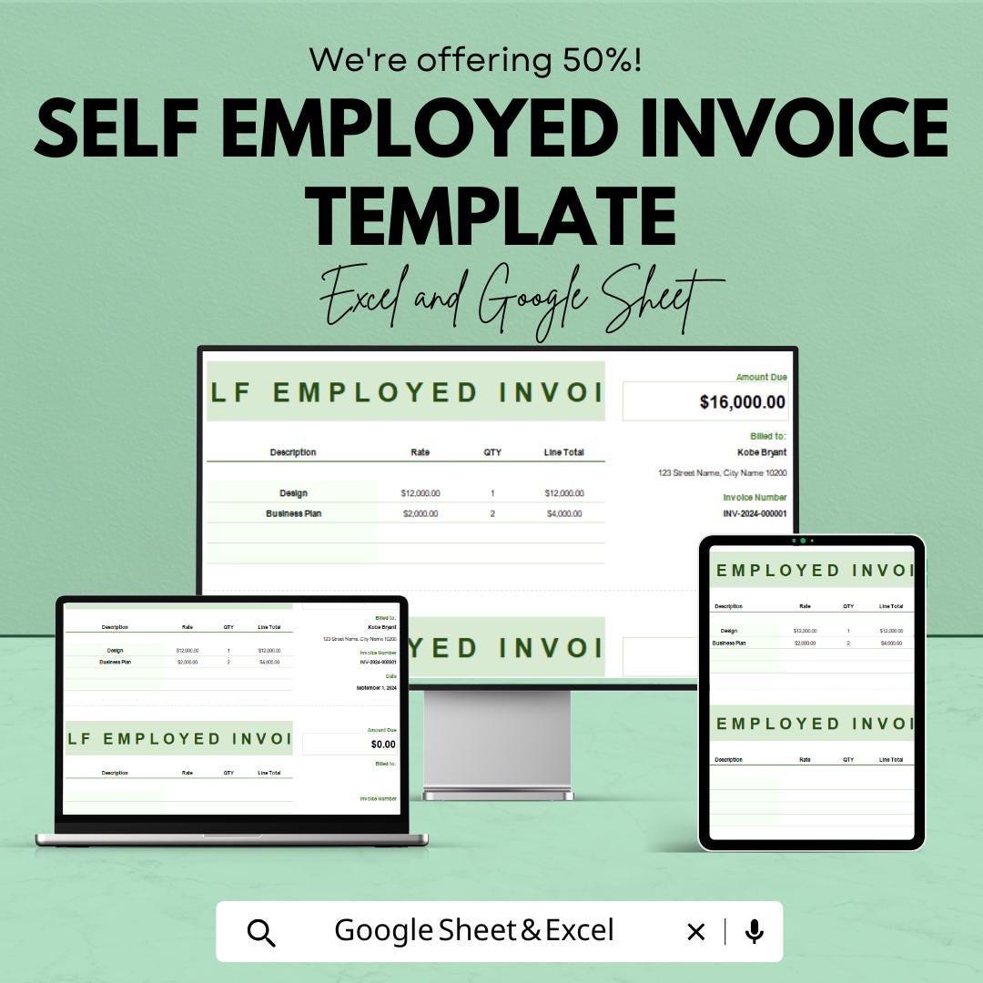 Self Employed Invoice Template | Business Invoice for Freelancers | Editable Billing Spreadsheet | Digital Invoice Template