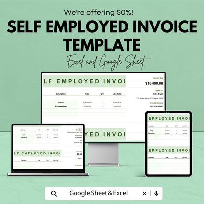 Self Employed Invoice Template | Business Invoice for Freelancers | Editable Billing Spreadsheet | Digital Invoice Template