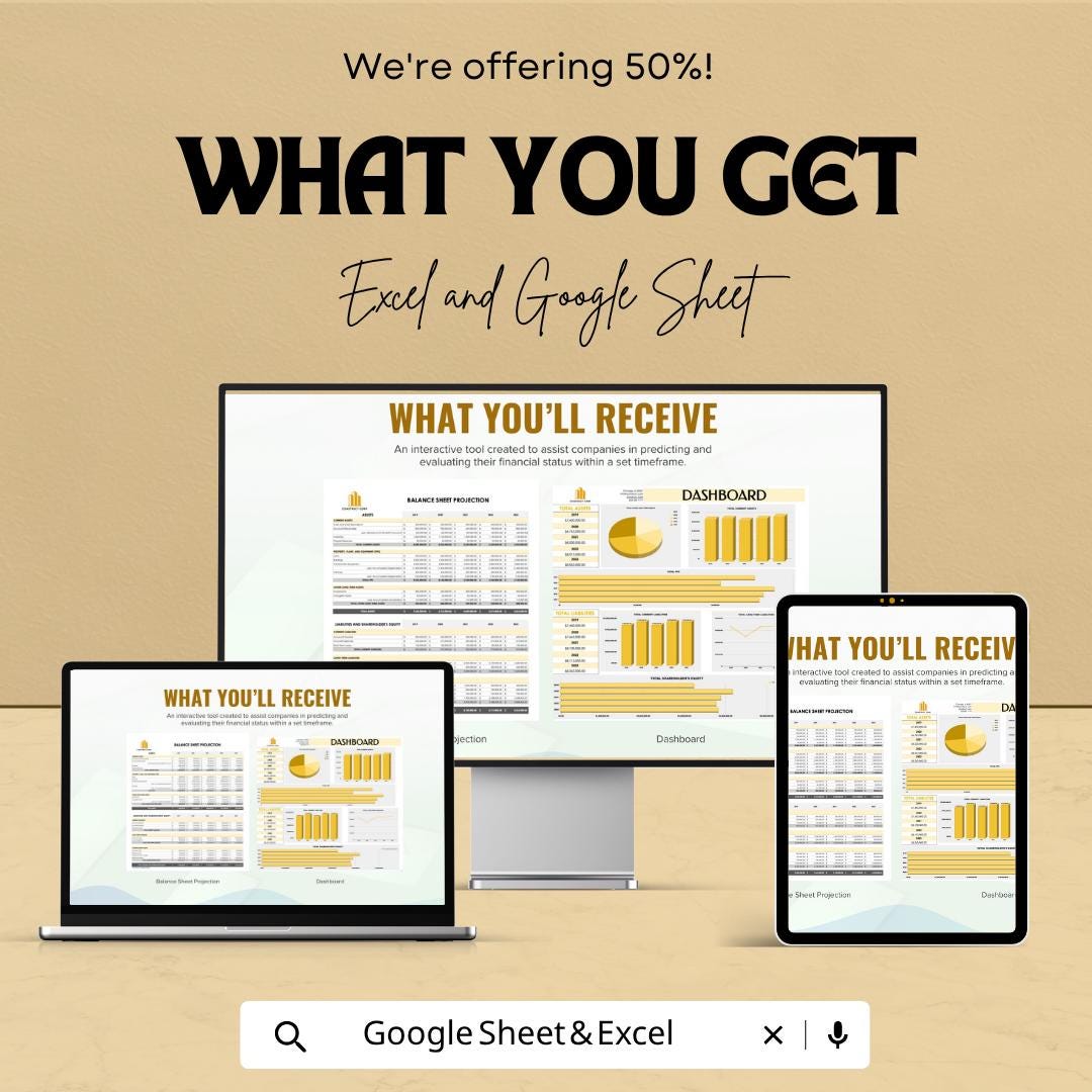 Balance Sheet Projection Template | Financial Forecast Spreadsheet | Budget Planning Tool | Financial Planning Dashboard