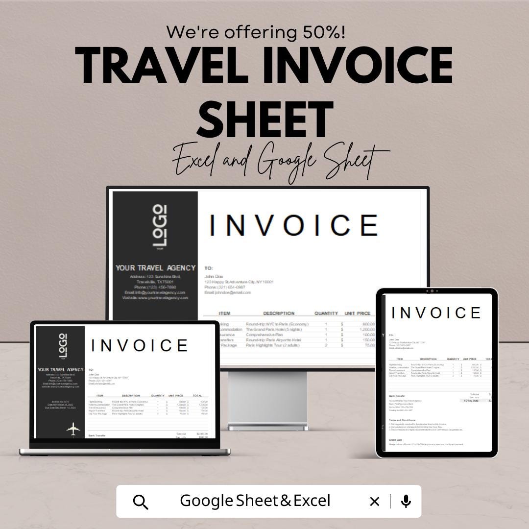 Travel Invoice Sheet | Customizable Travel Invoice Template for Agencies | Professional Google Sheets & Excel Format | Instant Download