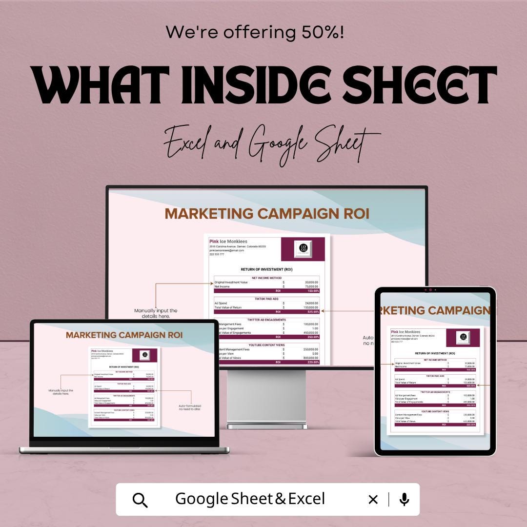 Marketing Campaign ROI Template | ROI Calculator Spreadsheet | Ad Spend Tracker | Marketing Analytics Template | Business ROI Sheet