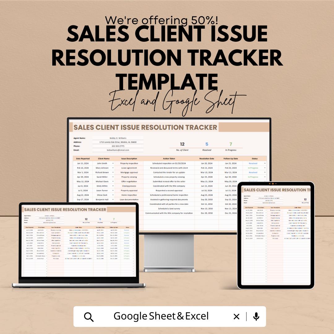 Sales Client Issue Resolution Tracker Template, Customer Issue Log, Client Support Tracker, CRM Spreadsheet