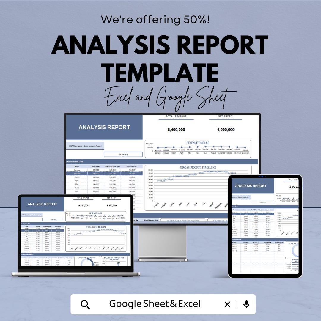 Analysis Report Template | Business Report Excel and Google Sheets | Financial Dashboard Spreadsheet | Data Analysis & Profit Tracker