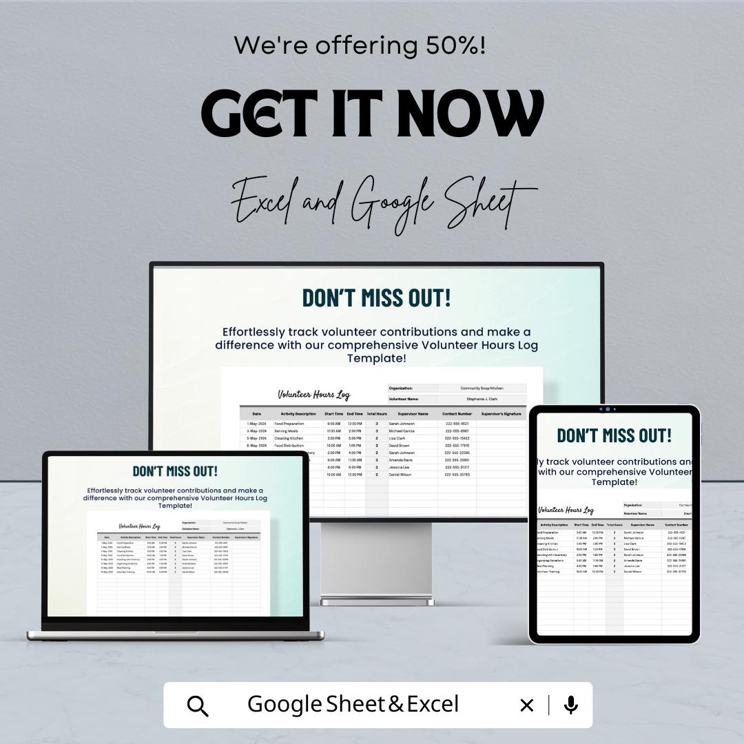 Volunteer Hours Log Sheet | Google Sheets and Excel | Track Volunteer Time, Activity & Supervisor Info | Printable Digital Template