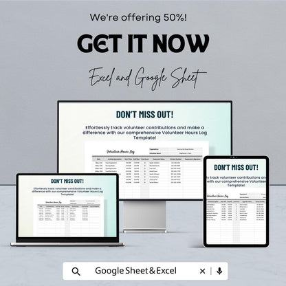 Volunteer Hours Log Sheet | Google Sheets and Excel | Track Volunteer Time, Activity & Supervisor Info | Printable Digital Template