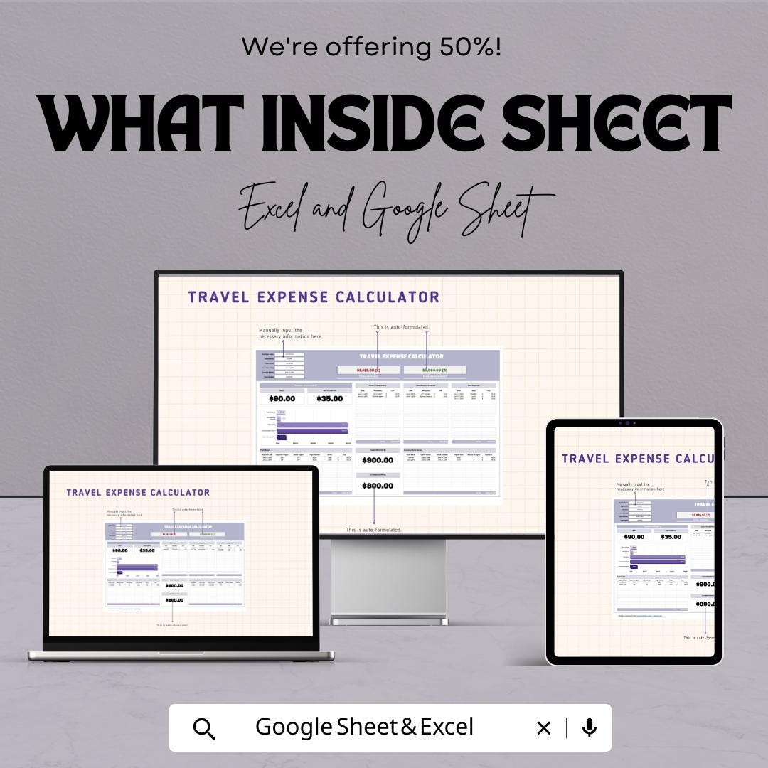 Travel Expense Calculator Sheet | Budget Tracker for Trips | Excel & Google Sheet Template | Vacation Spending Planner Printable