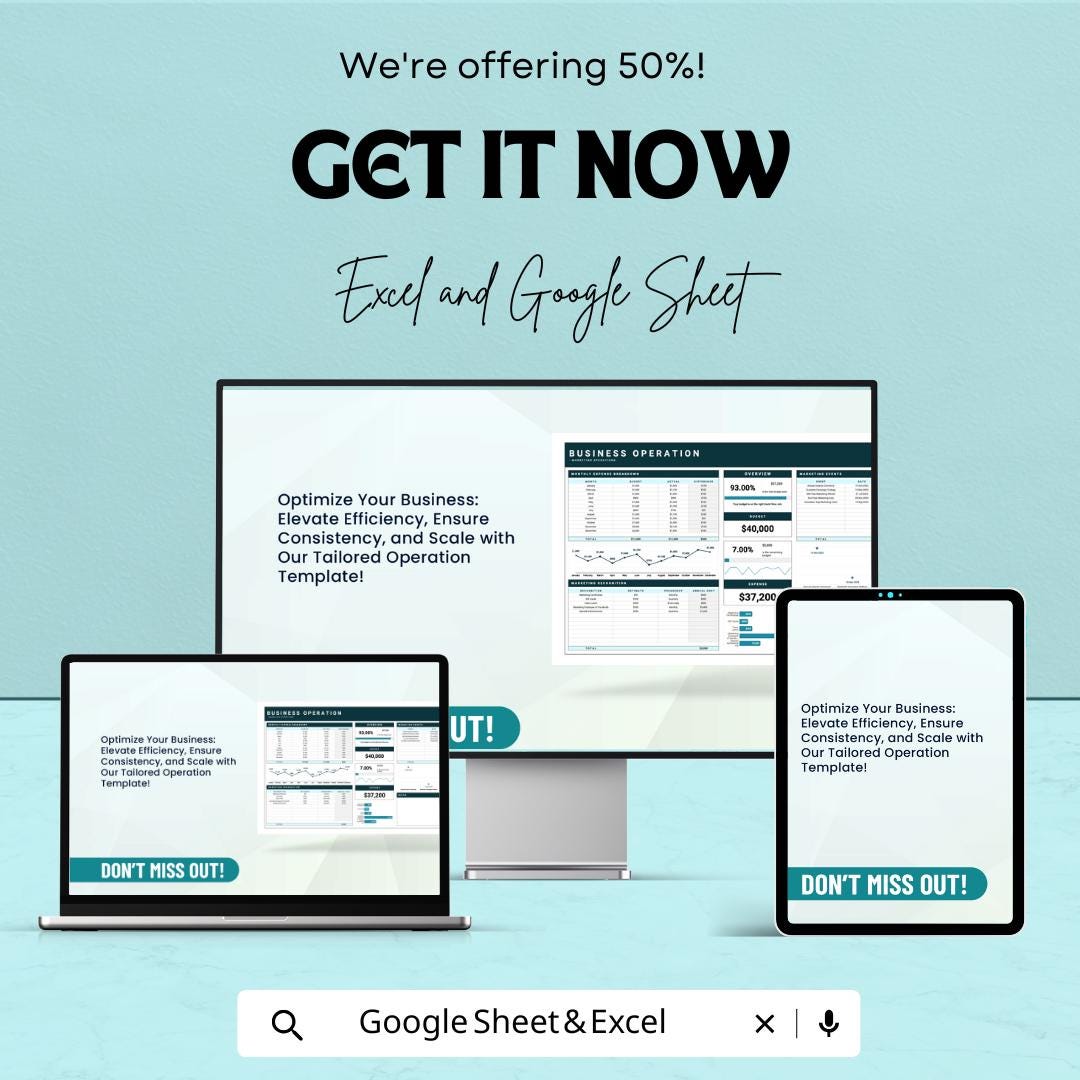 Business Operation Template - Excel & Google Sheets - Streamline Operations, Track Expenses, and Improve Efficiency - 50% Off