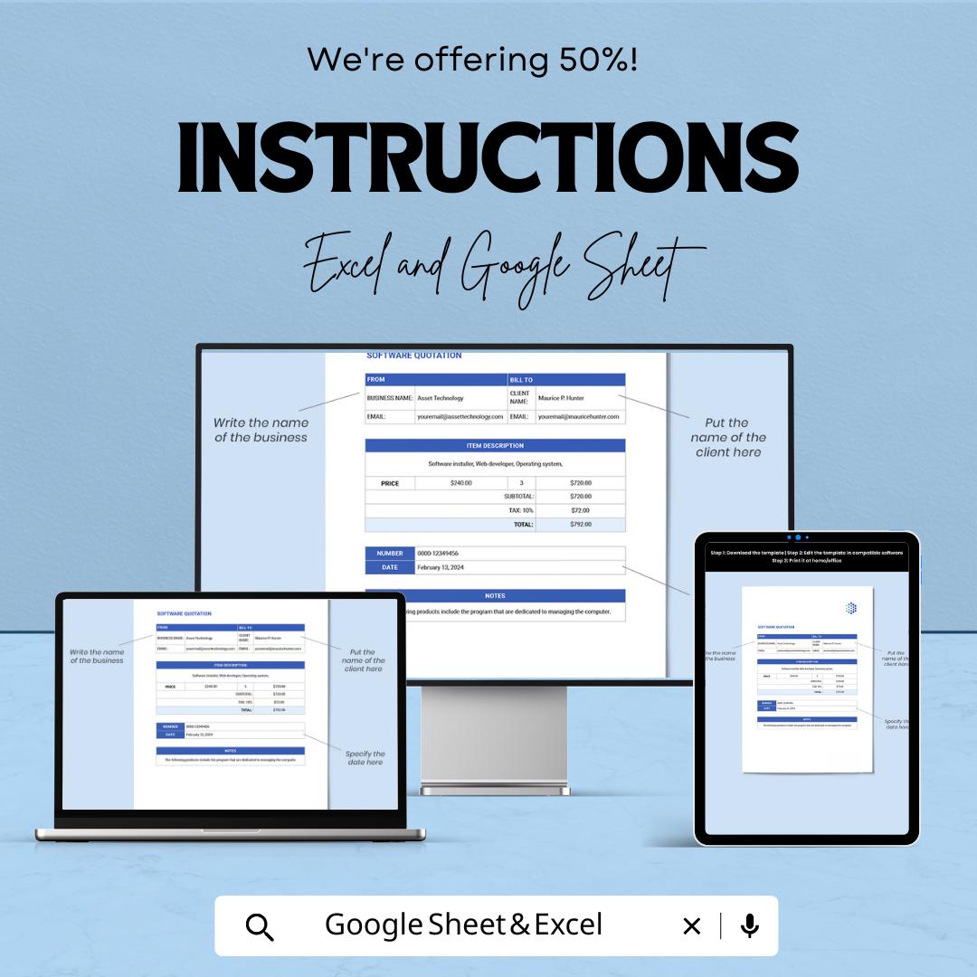 Sample Software Quotation Sheet | Excel & Google Sheets Template | Customizable for IT Services | Instant Download