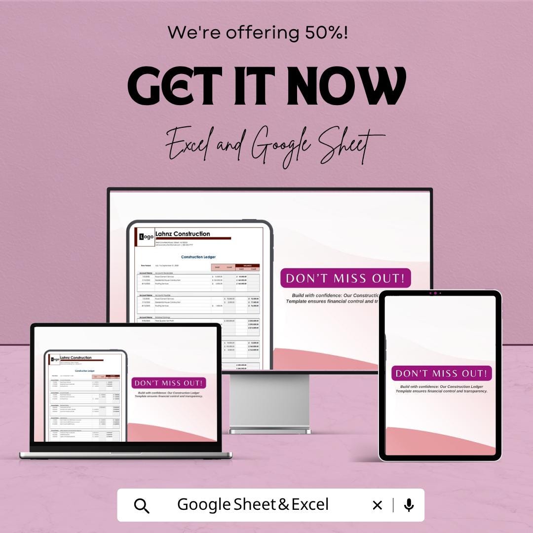 Construction Ledger Template | Excel Construction Accounting Spreadsheet | Google Sheets Ledger Tracker | Contractor Expense Tracker |