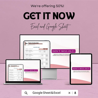 Construction Ledger Template | Excel Construction Accounting Spreadsheet | Google Sheets Ledger Tracker | Contractor Expense Tracker |