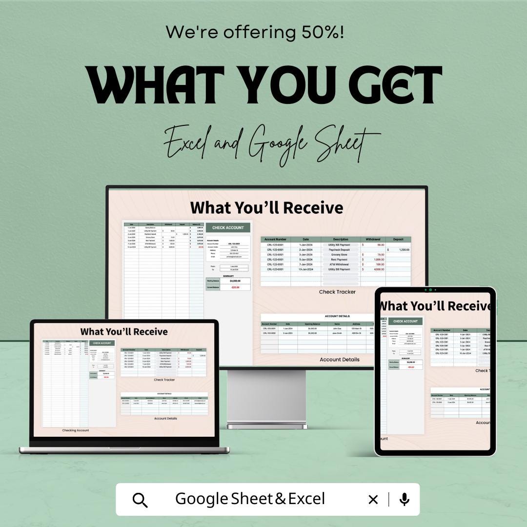 Checking Account Template | Excel and Google Sheets Check Register | Bank Account Tracker Spreadsheet | Budget and Transaction Log