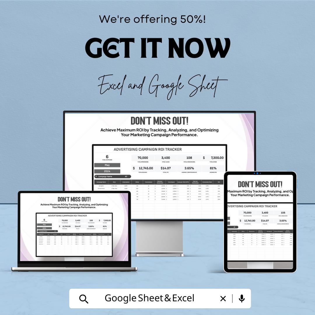Advertising Campaign ROI Tracker Template, Marketing ROI Spreadsheet, Ad Performance Tracker Excel, Campaign ROI Calculator