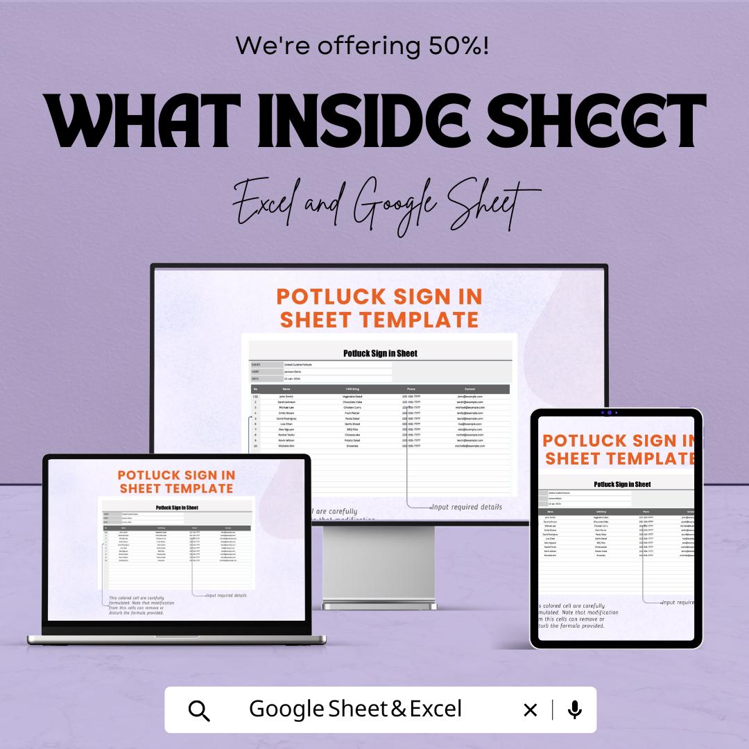 Potluck Sign In Sheet Template for Excel AND Google Sheets | Editable Food List Tracker | Event Signup & Meal Planner