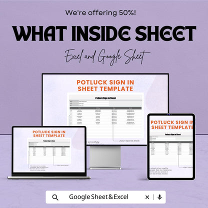 Potluck Sign In Sheet Template for Excel AND Google Sheets | Editable Food List Tracker | Event Signup & Meal Planner