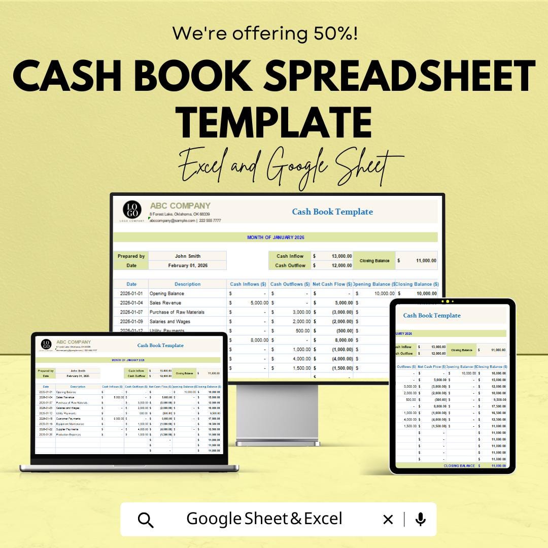 Cash Book Spreadsheet Template | Excel & Google Sheets Cash Flow Tracker | Daily Cash Inflow Outflow Ledger