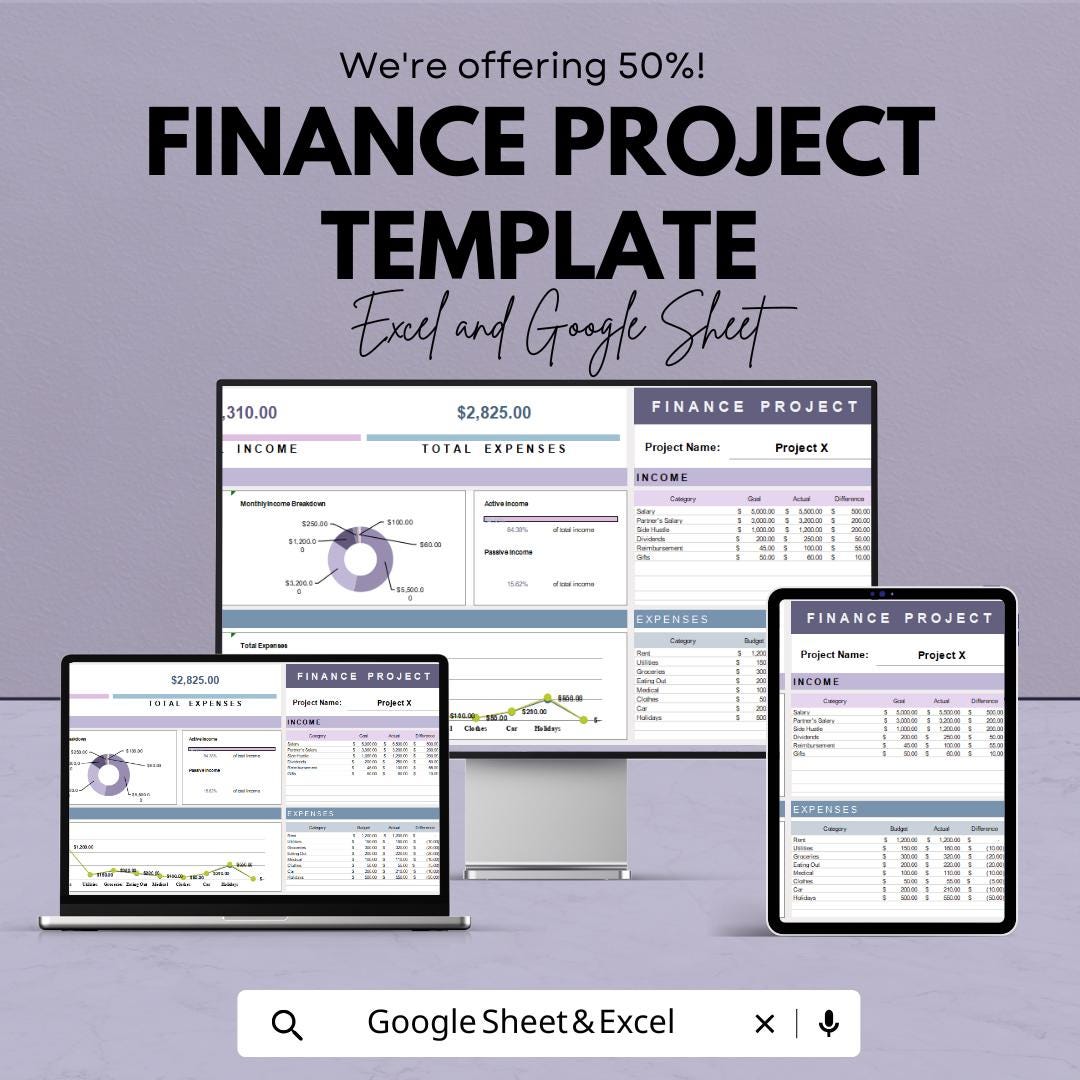 Finance Project Template | Project Budget Planner | Cost Forecasting Spreadsheet | Expense Tracking Sheet