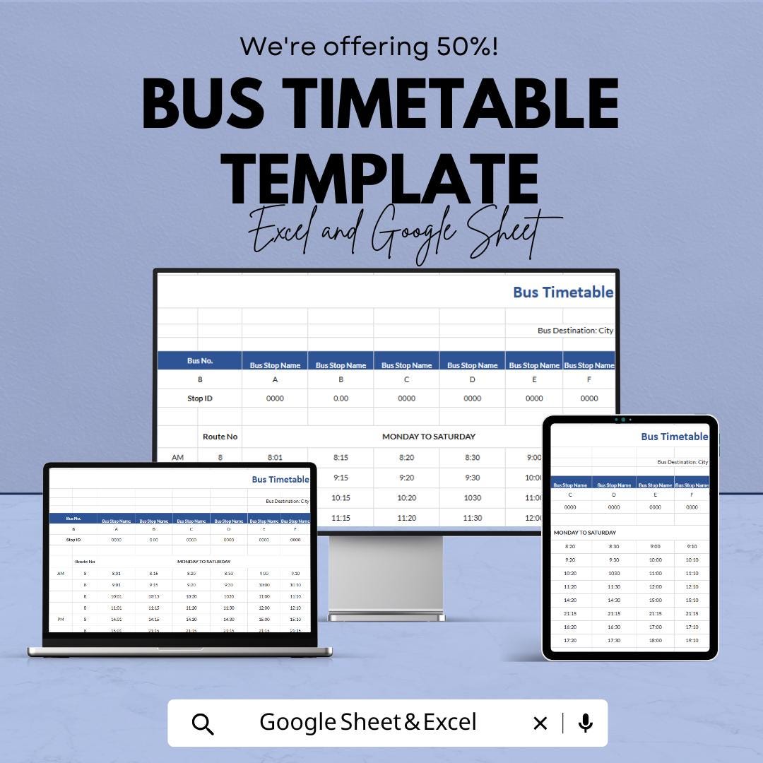 Bus Timetable Template | Excel & Google Sheets | Transportation Schedule Planner | Public Transit Schedule Spreadsheet