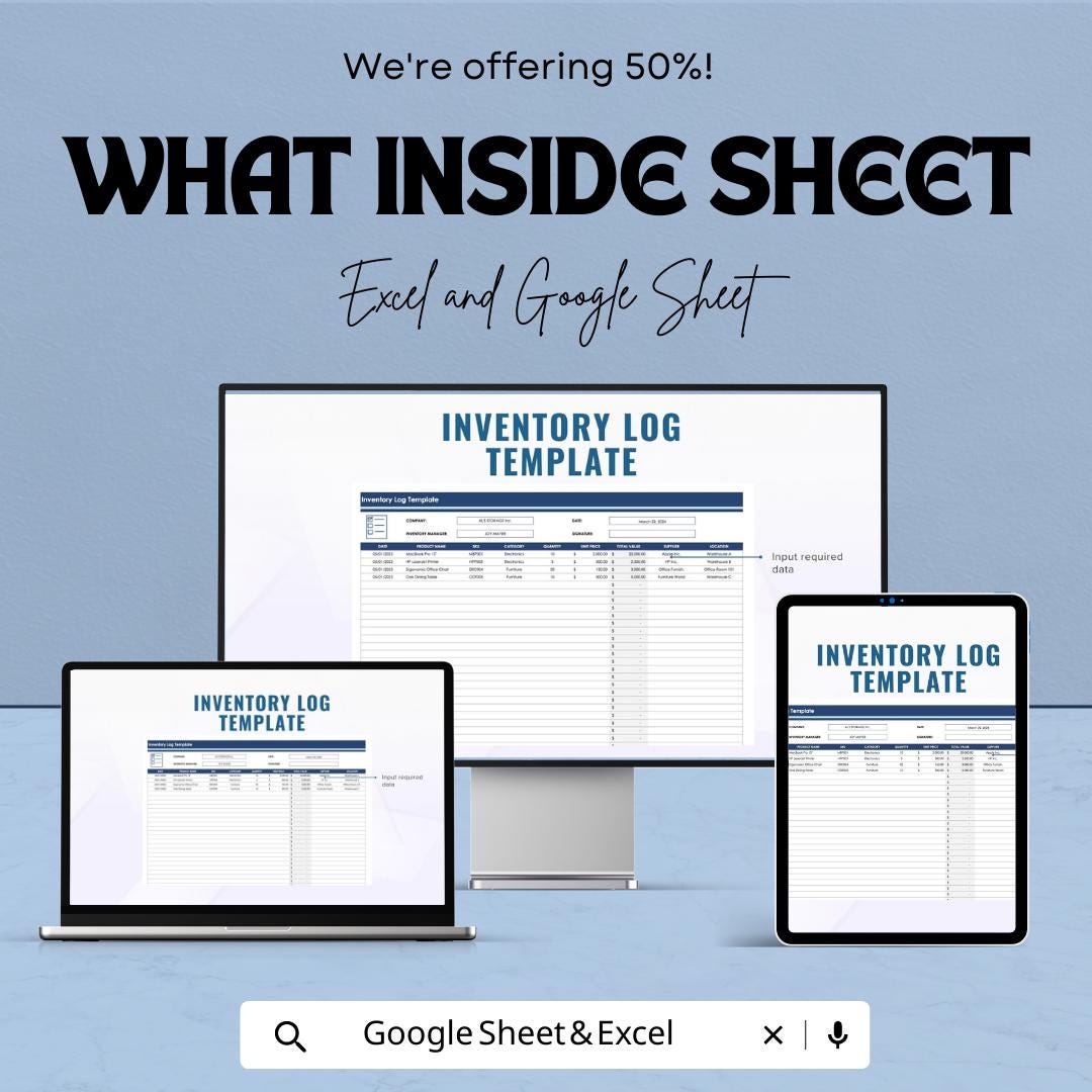Inventory Log Template | Excel & Google Sheets Inventory Tracker | Stock Management Spreadsheet | Daily Inventory Sheet for Small Business